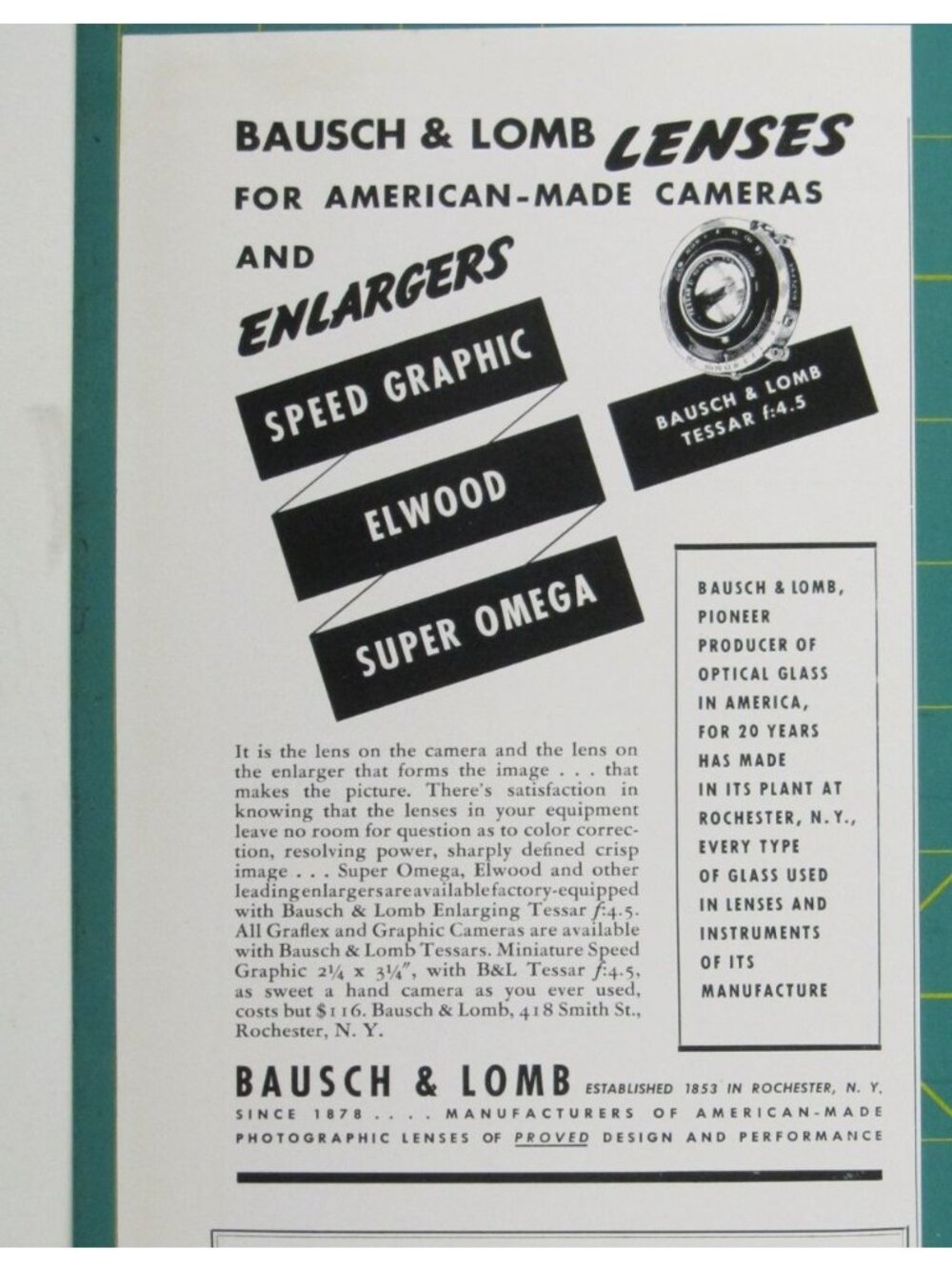 Print Ad Bausch & Lomb Lenses Cameras Enlargers Elwood Super Omega 1941 AD